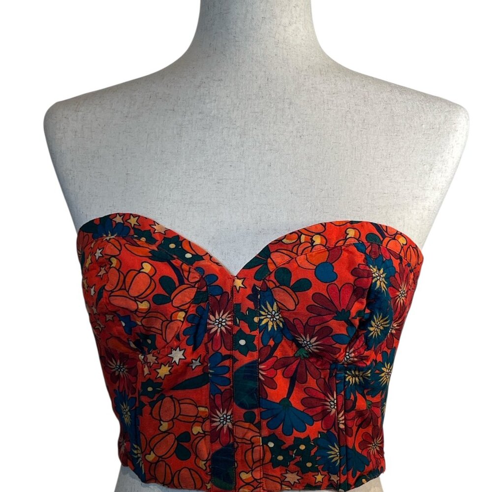 FARM Rio Red Floral Strapless Crop Top with Blue & Green Accents